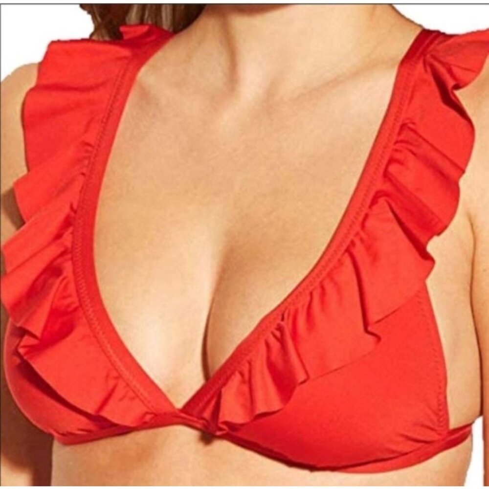 Ruffled Red Bikini Top With Cross-Back Straps Shade & Shore S